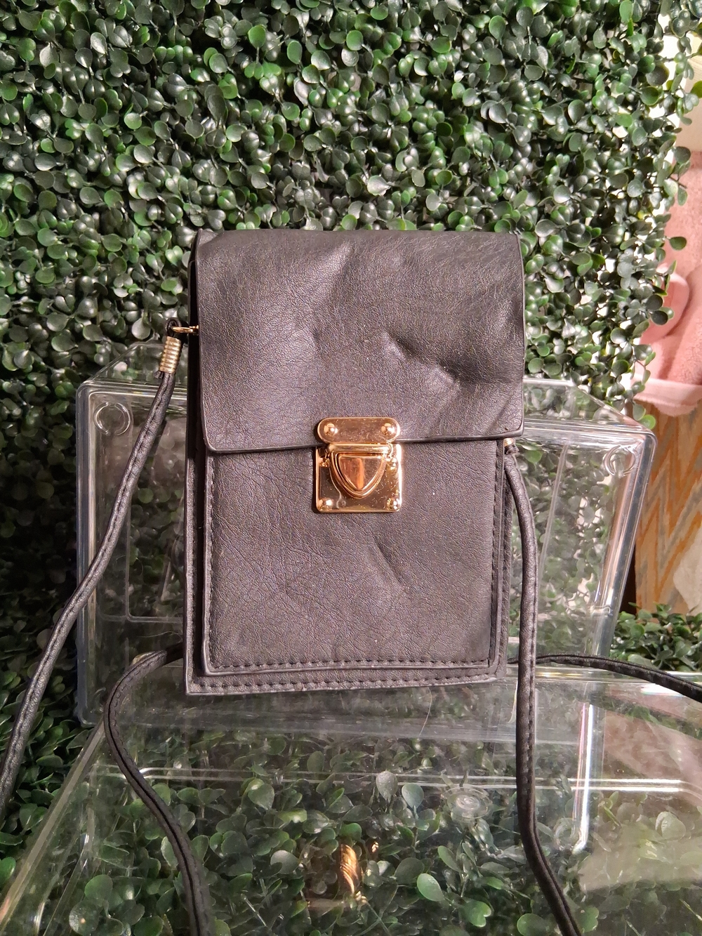 Classic Black Crossbody Phone Bag with Gold Hardware